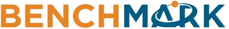 The image showcases the word "BENCHMARK" in large, stylized uppercase letters, with "BENCH" in orange and "MARK" in blue. A stylized peak forms the letter "A" in "MARK," reminiscent of a sleek web design element inspired by the dynamic energy of oil & gas industries. - Clio Websites | Top Canadian Web Design Company