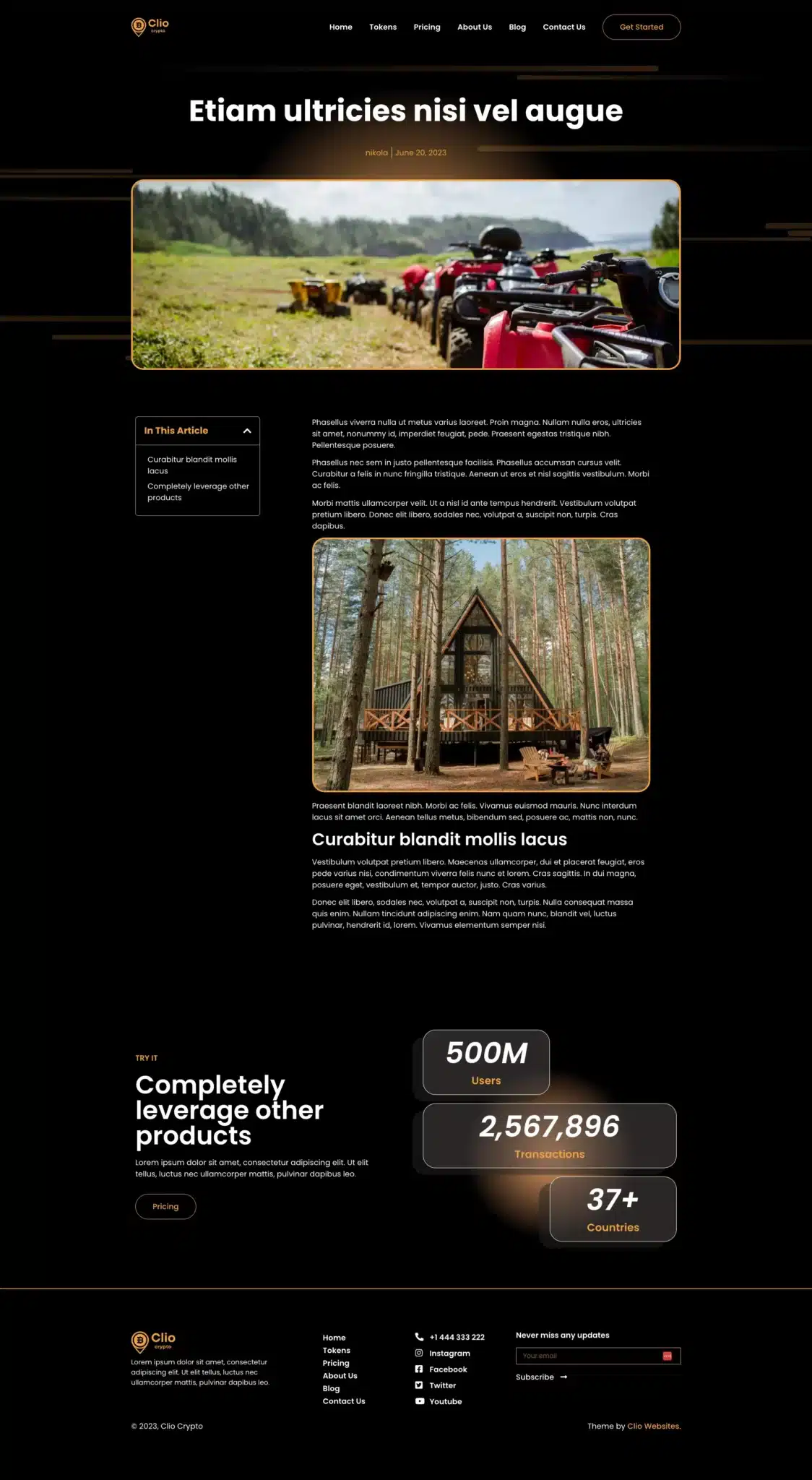 A thrilling webpage featuring outdoor adventure imagery showcases a theme of exploration. The header displays a line of ATVs on a trail, while below, an image of a cabin in the woods appears. Highlighting its global reach, the company boasts 500M users across 37+ countries. - Clio Websites | Top Canadian Web Design Company