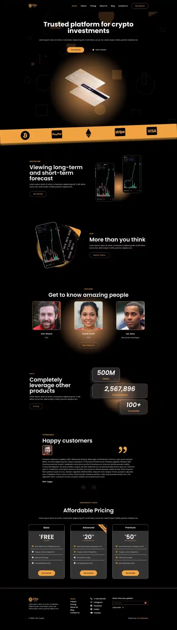 Infographic showcasing a crypto investment platform, featuring mobile app interfaces, user testimonials, and statistics. Highlights video viewing, community trust, and pricing plans. Designed with a dark theme and orange accents using free Elementor themes for seamless integration. - Clio Websites | Top Canadian Web Design Company