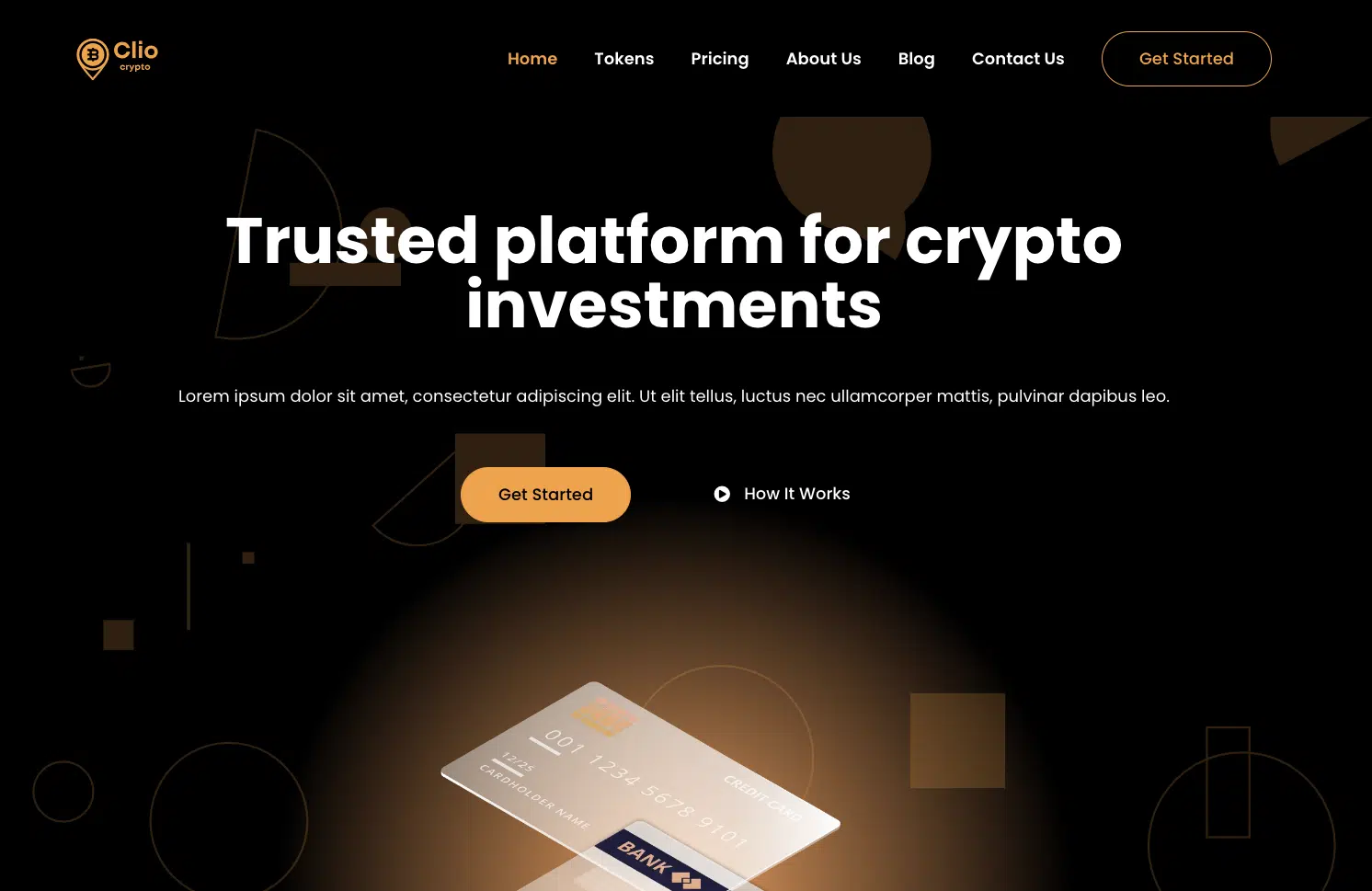 Explore our homepage, a trusted platform for crypto investments. Embrace the sleek crypto theme with abstract geometric shapes set against a black background. Start your journey by clicking "Get Started," and discover innovative digital card features designed for seamless transactions. - Clio Websites | Top Canadian Web Design Company