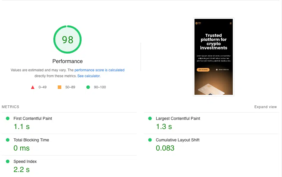 The performance report boasts an impressive score of 98. Key metrics include First Contentful Paint at 1.1s, Largest Contentful Paint at 1.3s, and Total Blocking Time at 0ms, with a Cumulative Layout Shift of 0.083 and Speed Index of 1.2s. A thumbnail theme showcases a crypto investment platform.
. - Clio Websites | Top Canadian Web Design Company