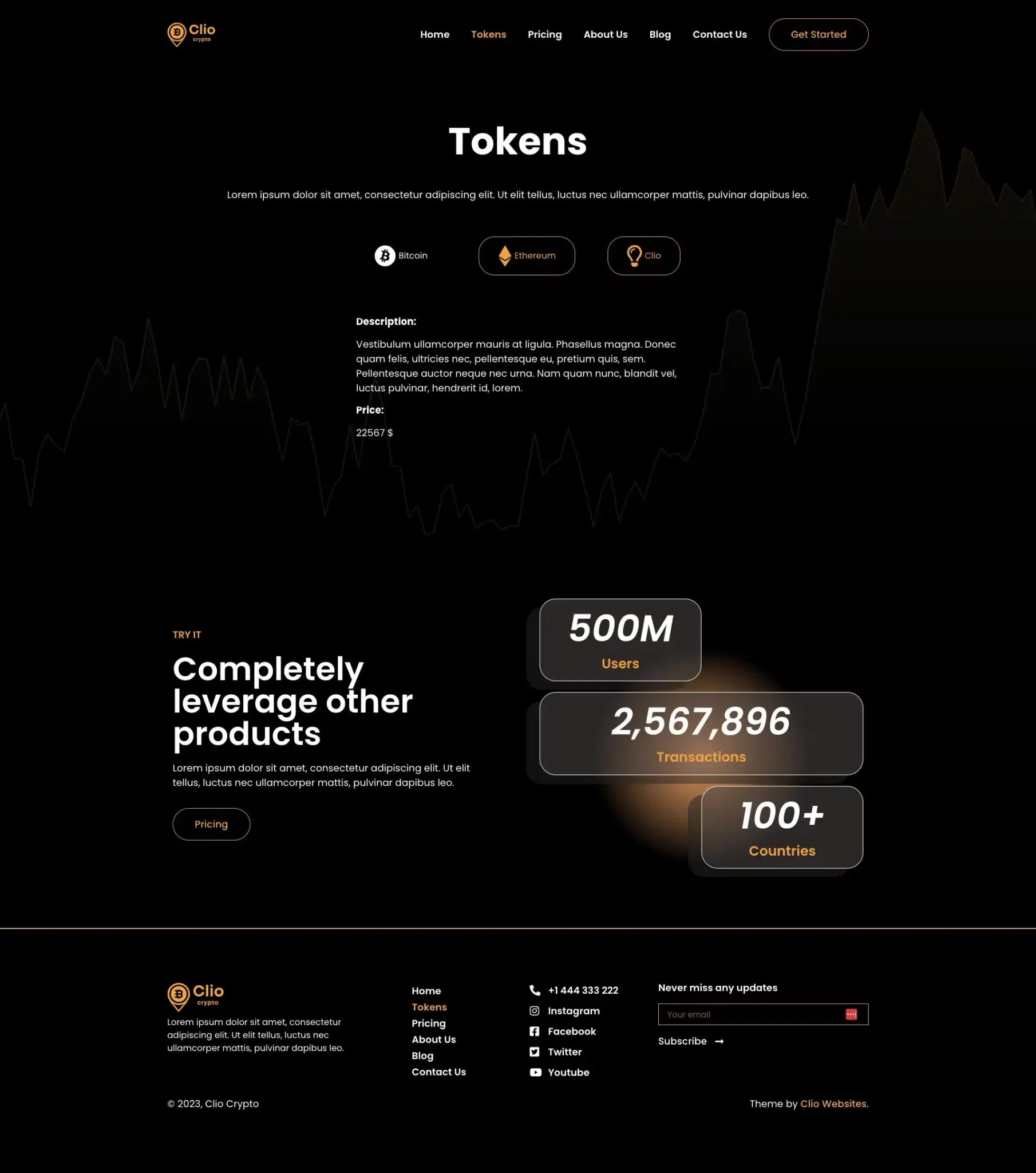 A dark crypto-themed webpage showcasing a cryptocurrency company's token information. It features sections for description, user statistics, and transactions. The footer displays contact details and social media links. The layout is sleek with orange accents throughout. - Clio Websites | Top Canadian Web Design Company