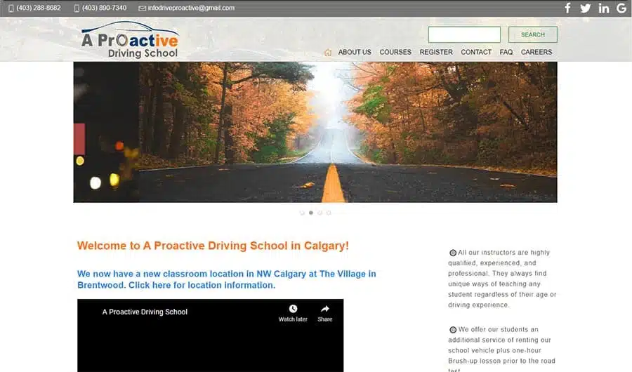 Screenshot of A Proactive Driving School website. It features an autumn road image at the top, contact information, menu links, and a welcome message highlighting their new classroom location in NW Calgary. Discover how we improved SEO results for A Proactive Driving School with enhanced web visibility. - 极速168体彩赛车号码历史结果预测-一分钟查询全历史记录查询-极速汽车168官网记录