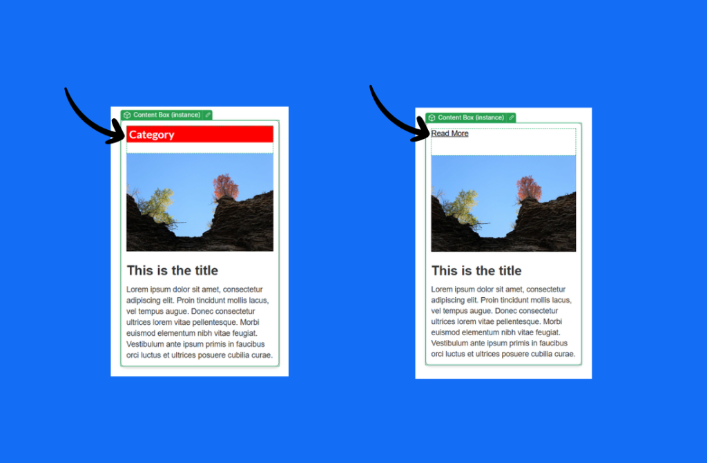 Two side-by-side boxes on a blue background. The left box has a red "Category" label, while the right highlights "Read More." Both feature landscape images and placeholder text—perfect for demonstrating Page Slots in a Webflow Slots Tutorial. Black arrows point to the labels. - Clio Websites | Top Canadian Web Design Company