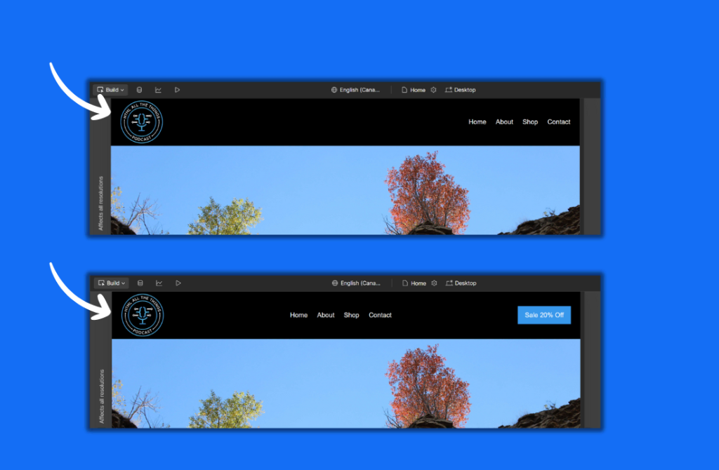 Two website headers are shown. The top header has menu links and a black background. The bottom showcases Webflow Slots, a lighter background, and a blue "Sale 20% Off" button added to the menu. White arrows highlight changes between Component Slots. - Clio Websites | Top Canadian Web Design Company