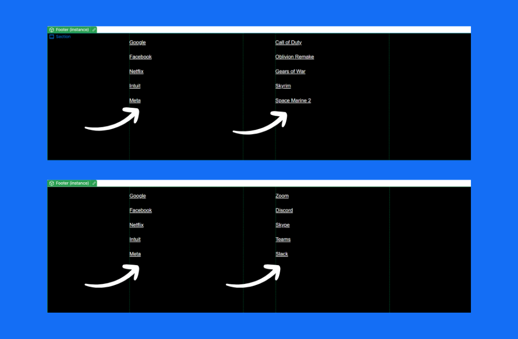 Two black panels with white text display lists of website names, some in bold, and highlight changes using white arrows. Blue borders separate the panels, showcasing adjustments in Page Slots across the interface. - Clio Websites | Top Canadian Web Design Company
