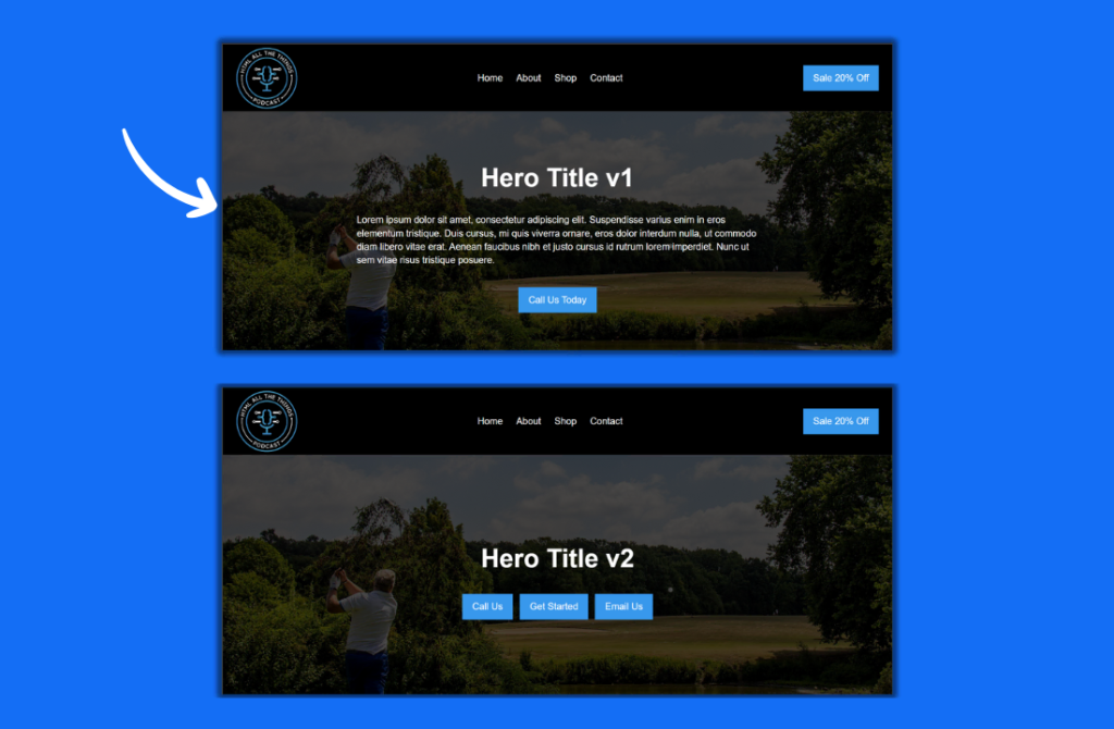 Two website hero section designs on a blue background showcase different button layouts, ideal for exploring Component Slots in Webflow. The first features "Hero Title v1" with a "Call Us Today" button; the second, "Hero Title v2," offers three action slots. - Clio Websites | Top Canadian Web Design Company