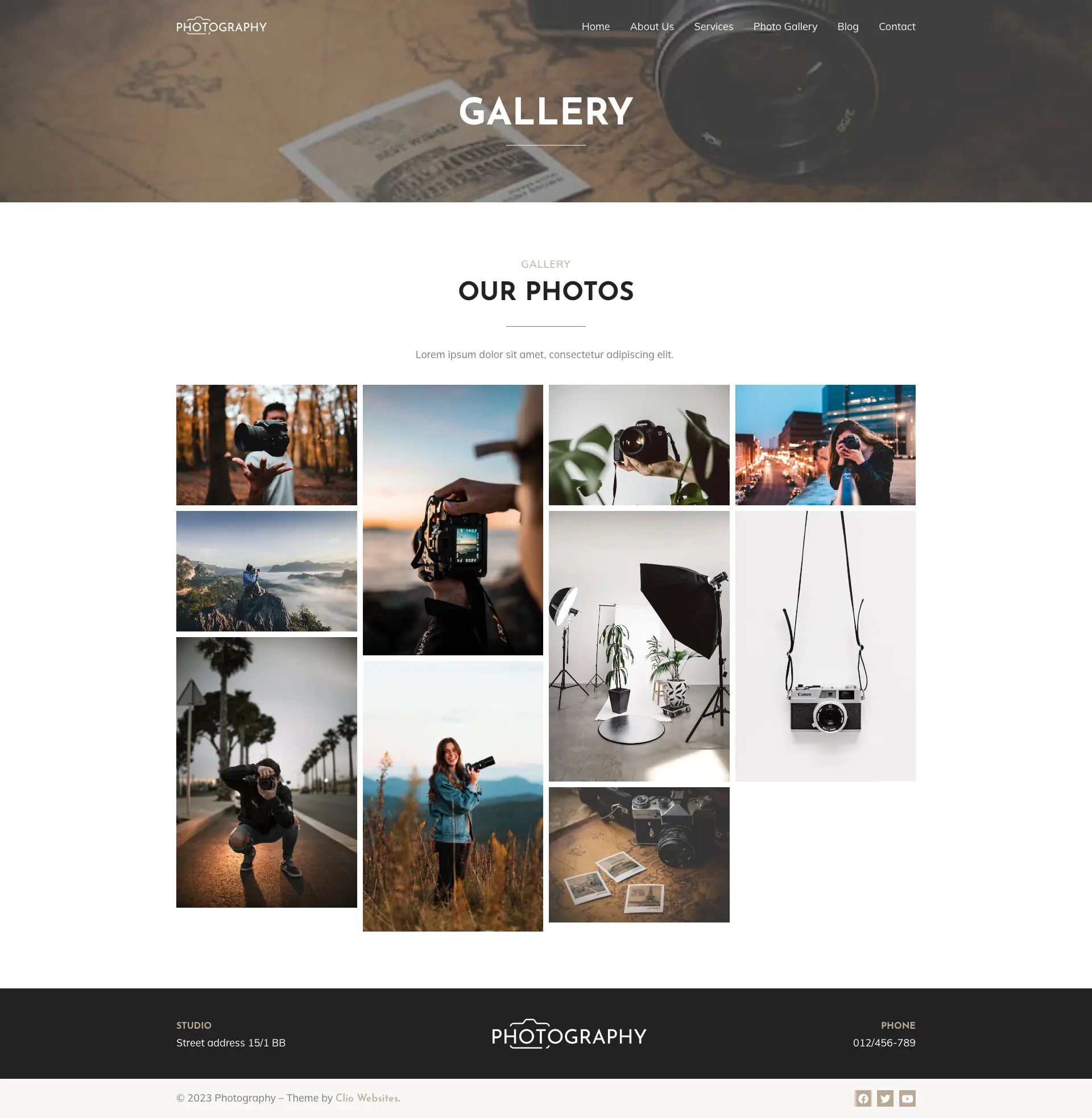 The photography website gallery page features a cohesive theme with nine captivating images, including landscapes, a photographer with a camera, and a studio setup. A navigation menu and contact details elegantly frame the gallery above and below. - Clio Websites | Top Canadian Web Design Company