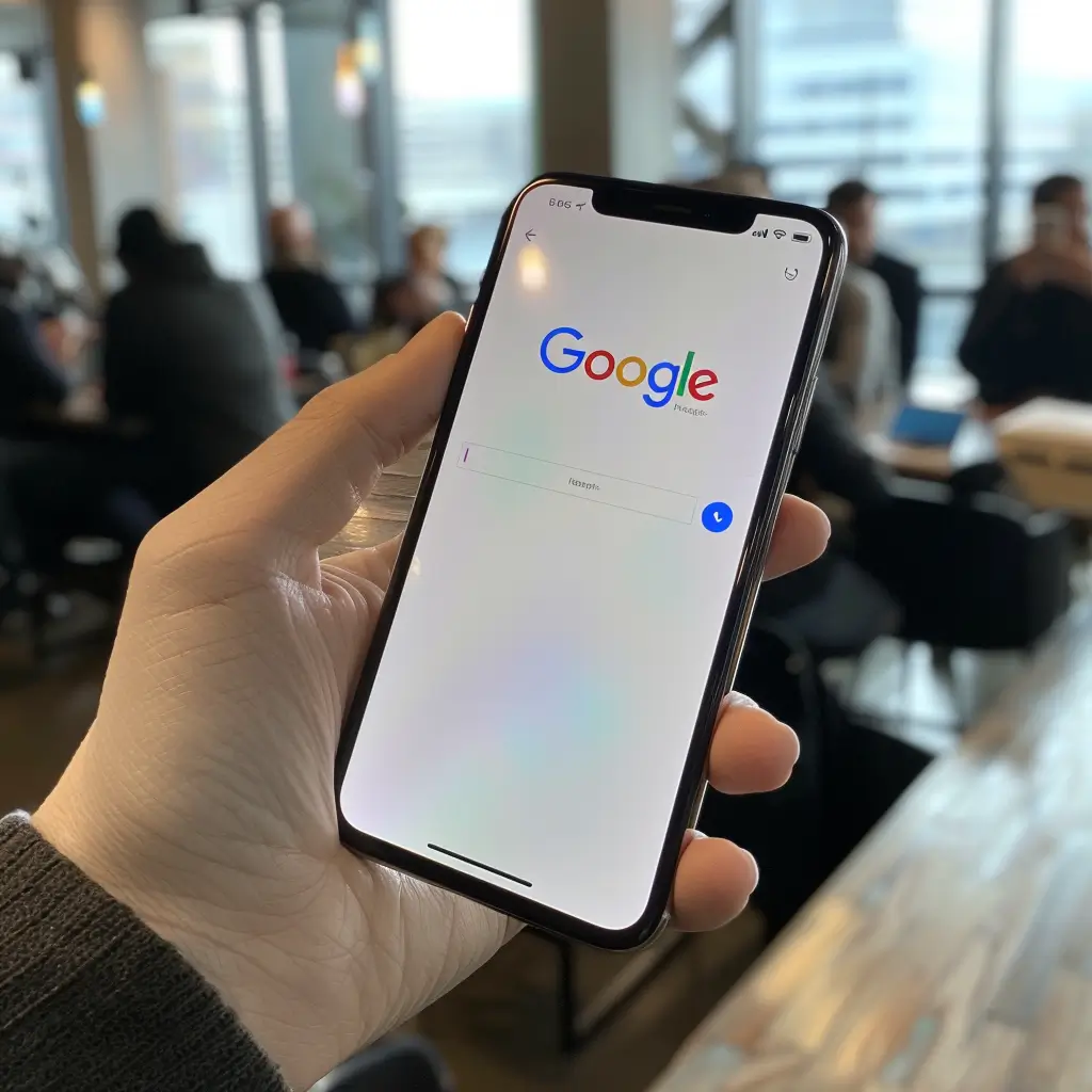 A person holds a smartphone in their hand, displaying the Google search homepage. The background reveals a blurred indoor setting with people sitting at tables—perhaps engaging in discussions about why WordPress is the best platform for SEO—in what seems to be a cozy cafe or vibrant coworking space. - Clio Websites | Top Canadian Web Design Company