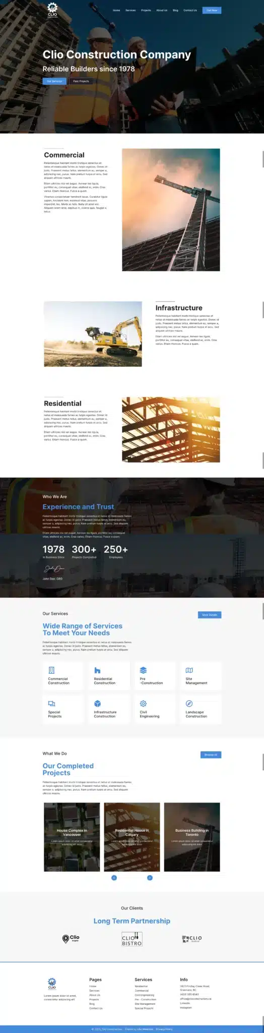 Screenshot of a construction company's website built using Free Elementor Themes. The homepage features sections on commercial, residential, and infrastructure services, company achievements like years of experience and projects completed, client logos, and a commitment message. - Clio Websites | Top Canadian Web Design Company