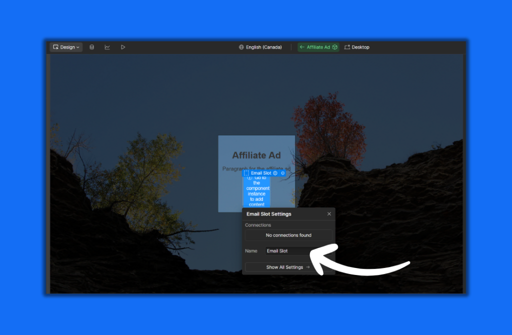 A website editor screen with a highlighted “Email Slot” settings window—showing “No connections found” and a name field—demonstrates how Webflow Slots can be managed. An arrow points to the settings, set against rocky cliffs and a blue sky. - Clio Websites | Top Canadian Web Design Company