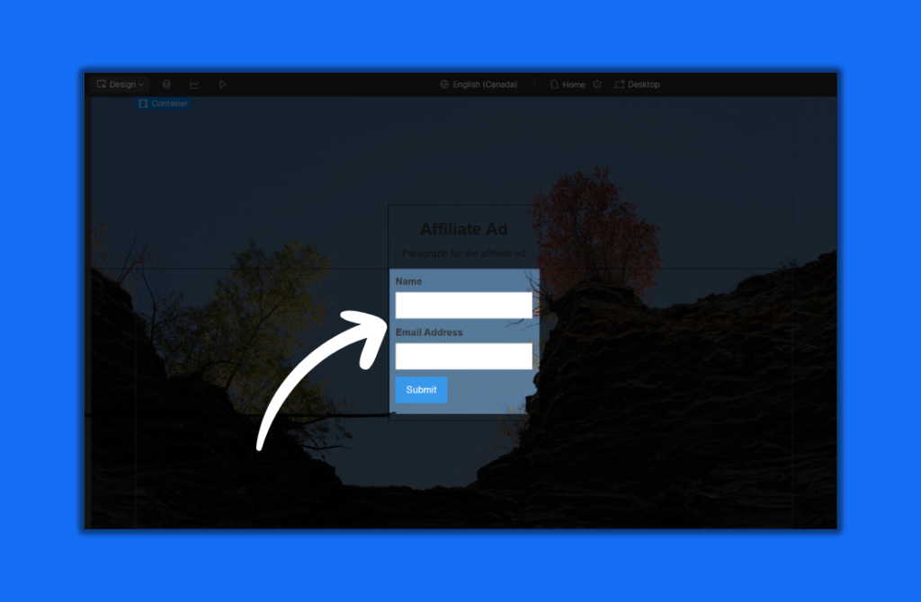 A web form with fields for name and email address, plus a submit button, is highlighted by a white arrow against a scenic background with trees and rocks under a blue overlay. - Clio Websites | Top Canadian Web Design Company