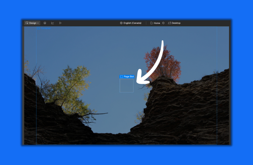 A website design interface displays a rocky cliff with trees against a blue sky; a bold white arrow points to a labeled square saying "Page Slot" near the cliff edge. - Clio Websites | Top Canadian Web Design Company