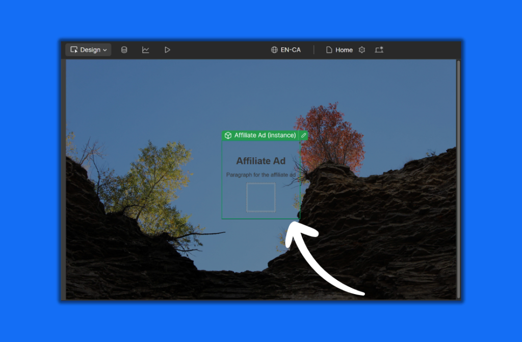 A website design interface displays an "Affiliate Ad" box overlaying a photo of trees and rocks against the sky, with a large white arrow pointing to the ad section. The background outside the interface is bright blue. - Clio Websites | Top Canadian Web Design Company