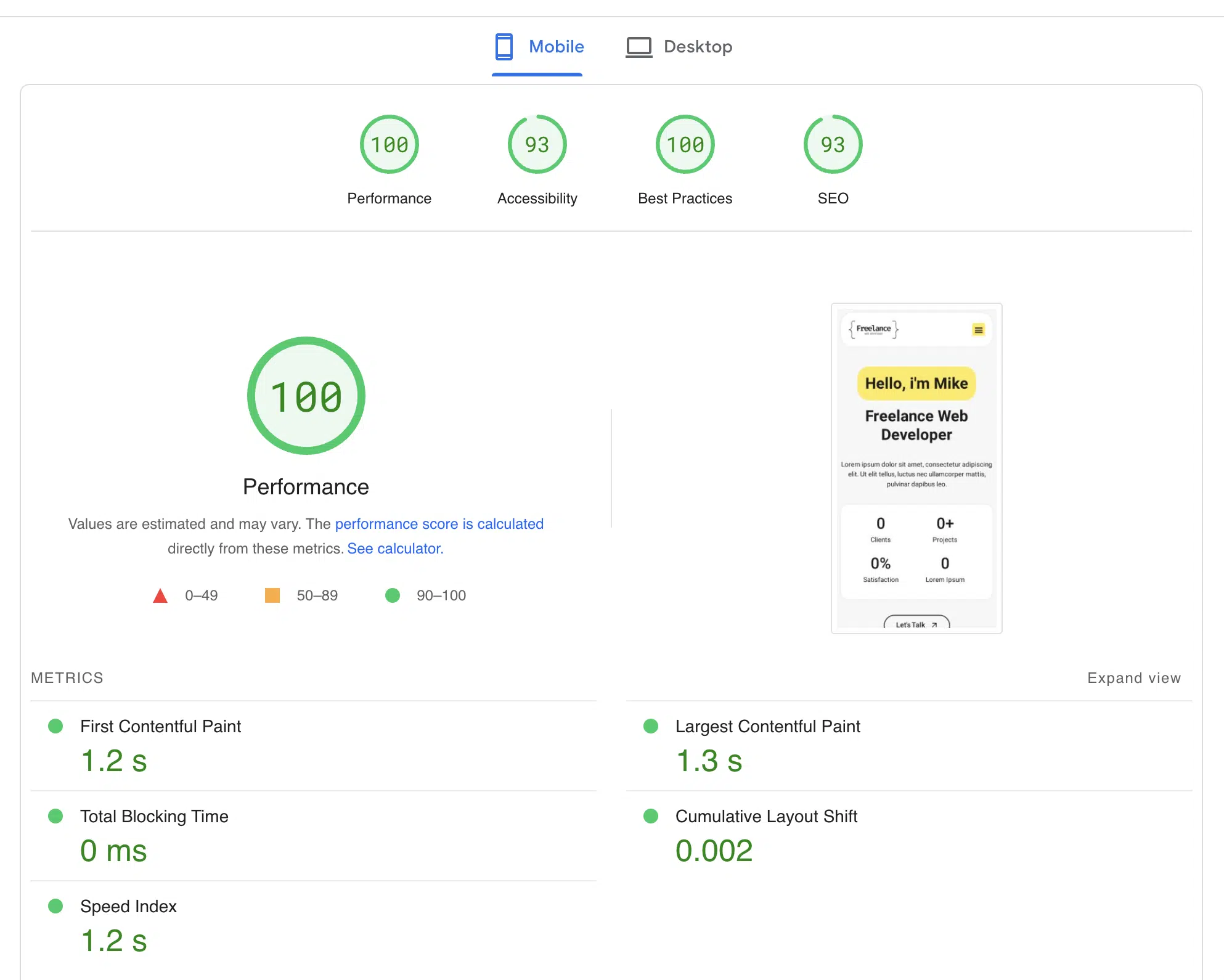 A screenshot showcases the impressive performance of a portfolio website theme, achieving a flawless score of 100 in performance, accessibility, best practices, and SEO. Metrics highlight first contentful paint at 1.2s, largest contentful paint at 1.3s, and a cumulative layout shift of just 0.002. - Clio Websites | Top Canadian Web Design Company