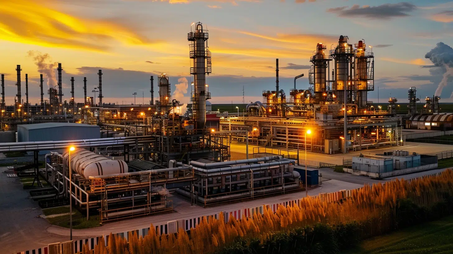 An industrial plant at sunset showcases illuminated structures and intricate metal pipes, set against a colorful sky. Smoke rises gently from various towers, reminiscent of an artful oil & gas web design. Tall grasses sway in the foreground, adding a touch of nature to the scene. - Clio Websites | Top Canadian Web Design Company