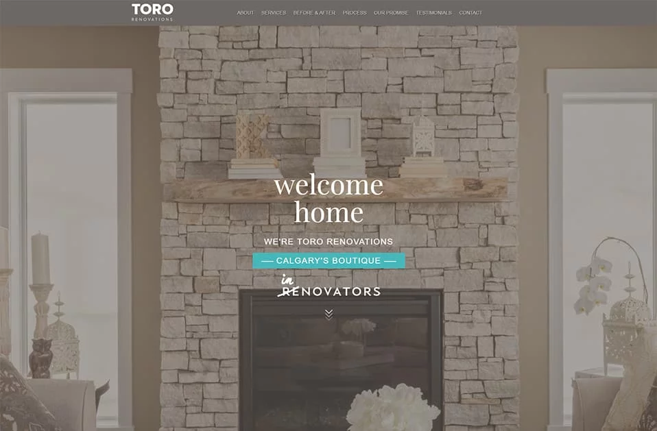 A WordPress website homepage for Toro Renovations, showcasing a rustic stone fireplace with decorative mantel items. The text "Welcome Home" greets visitors, enhanced by Bootstrap navigation options above for services, portfolio, and contact information. - Clio Websites | Top Canadian Web Design Company