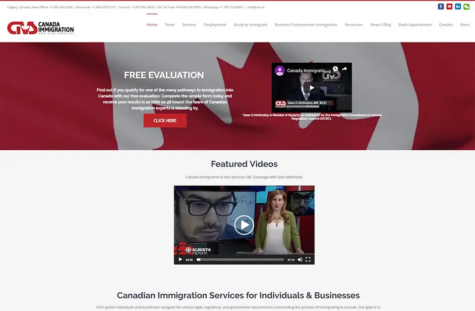 Screenshot of a Canada immigration services website built on WordPress, featuring a large Canadian flag as the background. Includes sections for a free evaluation, featured videos, and information on services for individuals and businesses, all elegantly styled with Bootstrap. - Clio Websites | Top Canadian Web Design Company