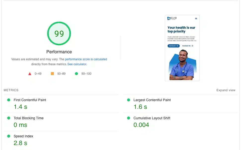 Screenshot of a website performance report with a Medical Clinic Theme, boasting an impressive score of 99. Metrics include First Contentful Paint at 1.4s, Largest Contentful Paint at 1.6s, and Speed Index at 2.8s. An image of a healthcare professional is displayed on the right. - Clio Websites | Top Canadian Web Design Company