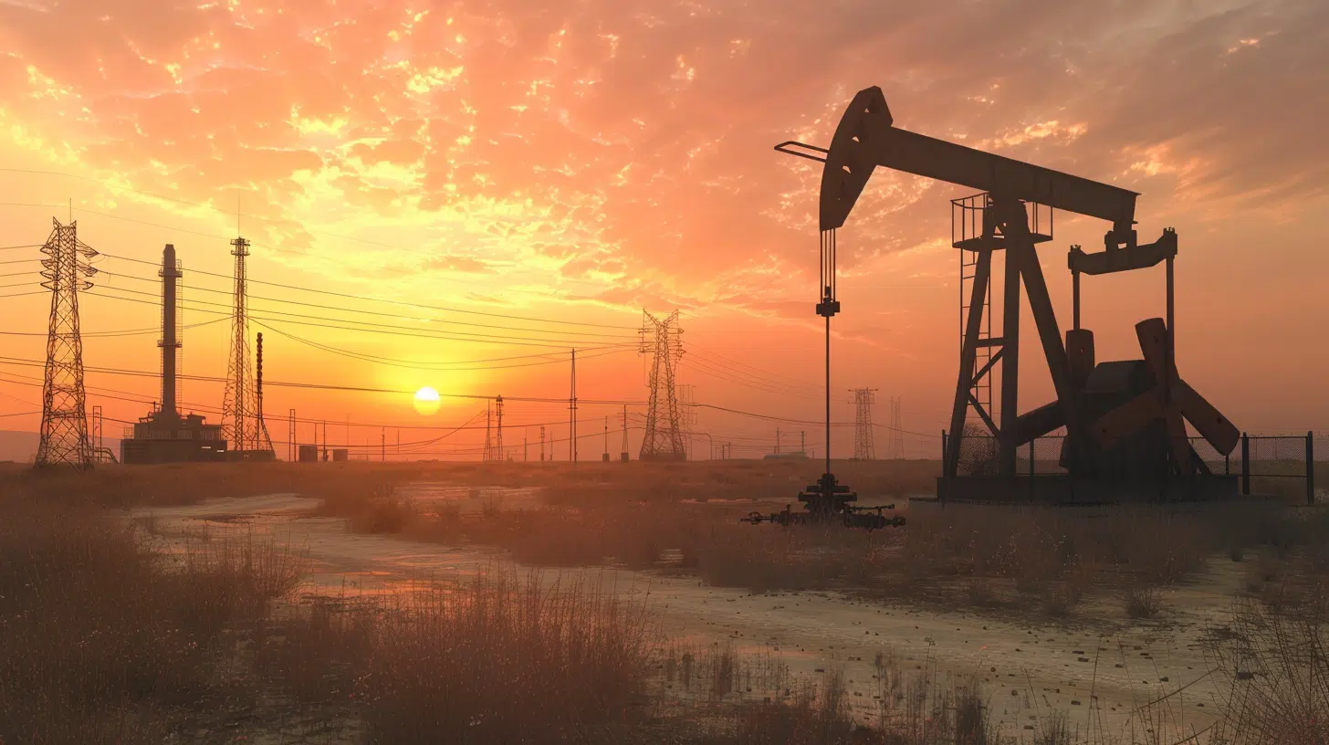 oil&gas-web-design-clio-websites An oil pumpjack stands silhouetted against a vibrant sunset, surrounded by dry grassland—a scene reminiscent of cutting-edge oil & gas web design. Power lines and towers extend into the distance, creating a network across the landscape. The sky is filled with orange and yellow clouds. - Clio Websites | Top Canadian Web Design Company