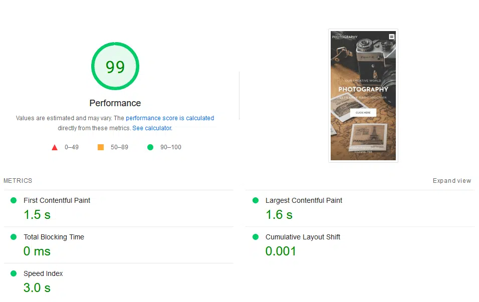 Screenshot of a webpage performance report with a score of 99. Metrics include First Contentful Paint: 1.5s, Speed Index: 3.0s, Largest Contentful Paint: 1.6s, Total Blocking Time: 0, and Cumulative Layout Shift: 0.001. The theme features an ad for photography prominently displayed.
. - Clio Websites | Top Canadian Web Design Company