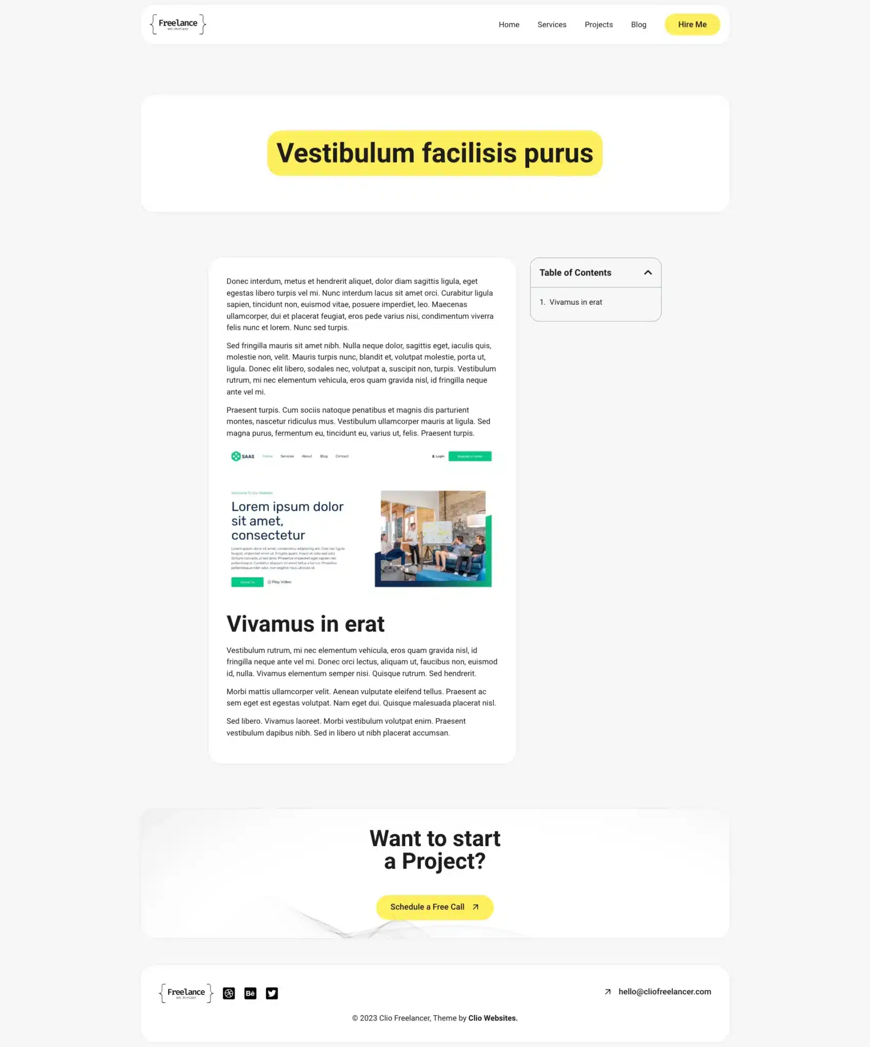 A minimalist theme defines the website design, featuring a landing page with a central text block titled "Vestibulum facilisis purus" and two content sections below. This portfolio site includes navigation links to Home, Services, Projects, Blog, and a call-to-action "Hire Me. - Clio Websites | Top Canadian Web Design Company