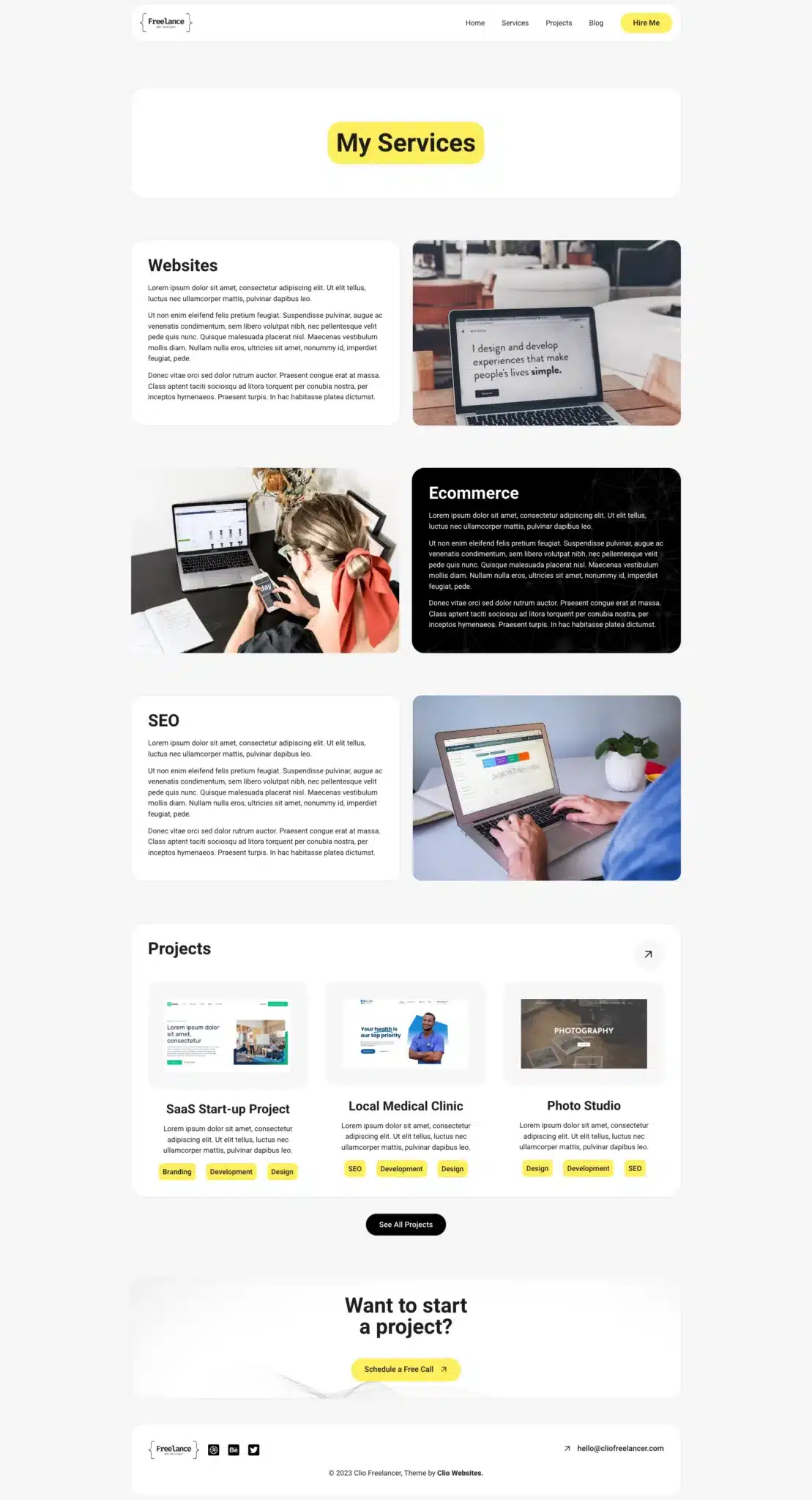 Explore my "My Services" page featuring a cohesive theme with sections for Websites, Ecommerce, and SEO. Each has its own image and description. At the bottom, discover my portfolio with "Projects" and a call-to-action button labeled "Want to start a project?" along with contact details. - Clio Websites | Top Canadian Web Design Company