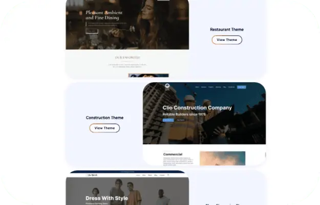 free tools from Clio Websites - A collage of website themes, including ones for restaurants, construction companies, and fashion. Each theme features a "View Theme" button and distinct visual elements representing its respective category. - Clio Websites | Top Canadian Web Design Company