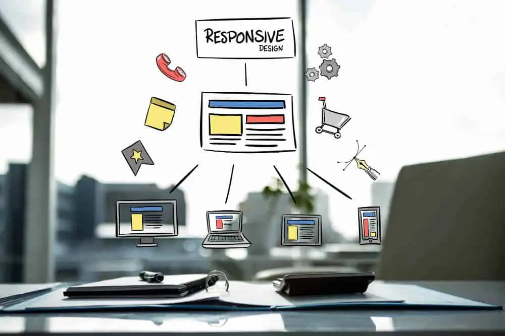 Illustration of responsive web design concept showcasing a central website layout seamlessly connected to icons—phone, notebook, gear, shopping cart—and various devices. A blurred office background and an open notebook in the foreground complete the scene. - Clio Websites | Top Canadian Web Design Company