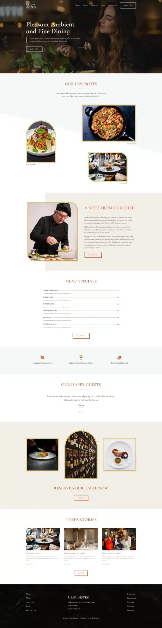 Explore our restaurant website, crafted with Free Elementor Themes, showcasing elegant dining. Enjoy images of dishes, a chef’s note, menu specials, testimonials, and a curated wine selection. The design emphasizes fine dining with a sophisticated ambiance. - Clio Websites | Top Canadian Web Design Company
