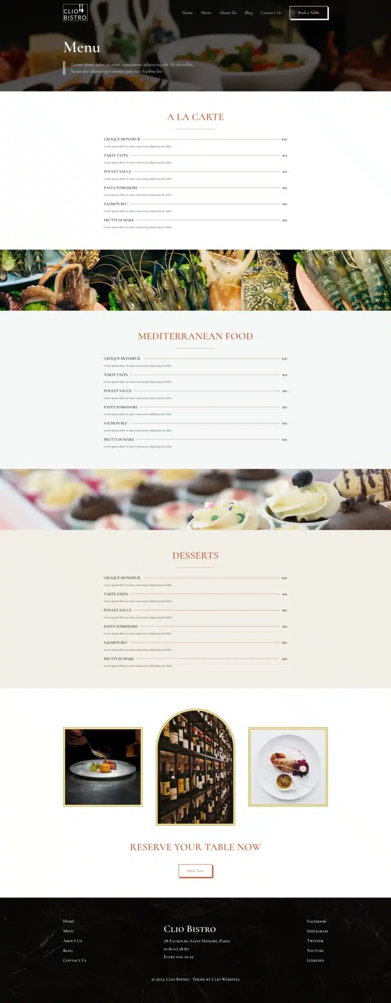 Screenshot of a themed restaurant menu webpage. Top navigation links lead you through sections like A La Carte, Mediterranean Food, and Desserts. Each section displays a list of dishes with prices. Images capture the food, dining area, and decorative elements, highlighting the restaurant's unique atmosphere. - Clio Websites | Top Canadian Web Design Company