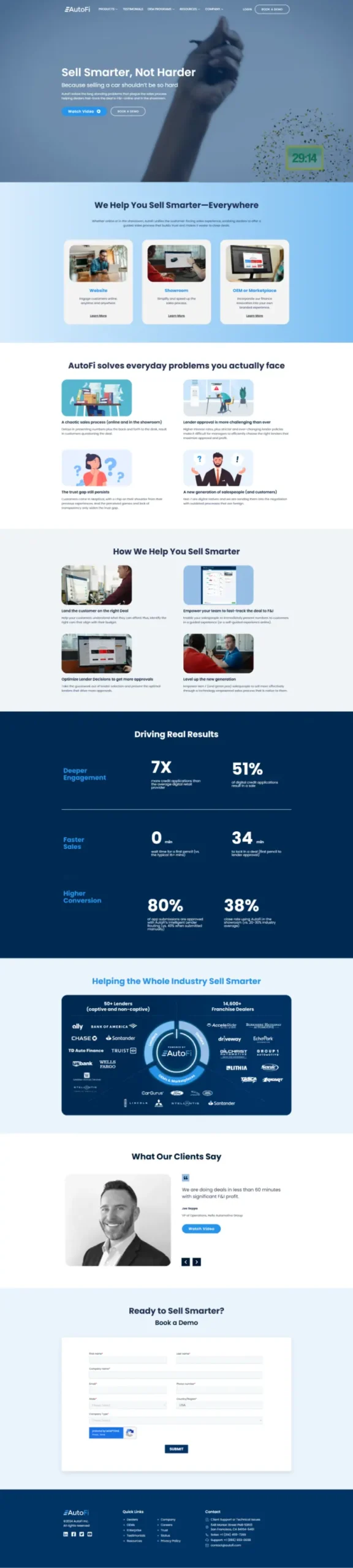 Sales technology website with sections displaying selling solutions, customer testimonials, and statistical benefits. Includes backgrounds in blue and white, images of people working, charts, and a client testimonial with a circular photo. - Clio Websites | Top Canadian Web Design Company