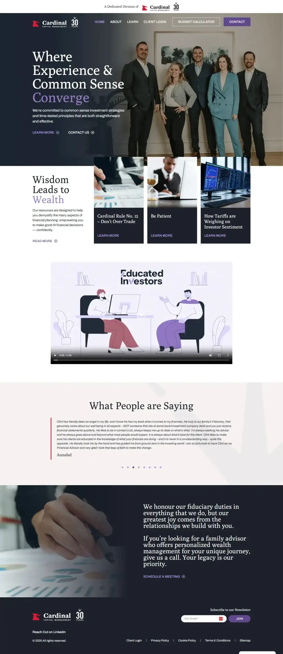 Four professionally dressed people stand and converse in an office. The webpage features sections on investment advice, client testimonials, and financial insights, with a modern, dark-themed design and Cardinal Wealth logo. - Clio Websites | Top Canadian Web Design Company