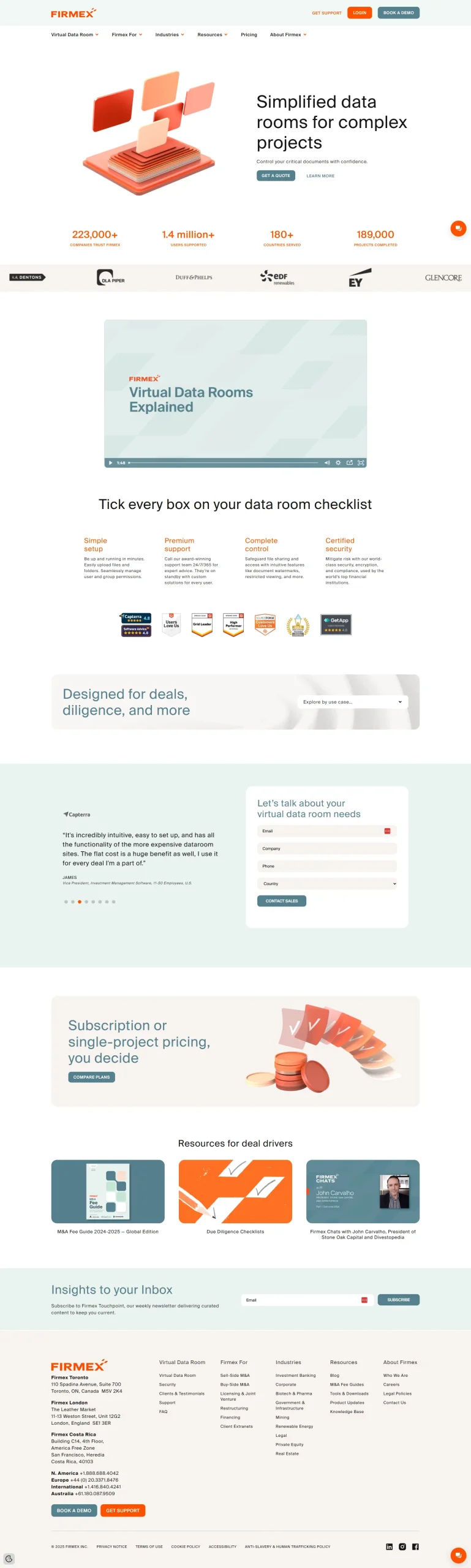 Screenshot of a website homepage for FIRMX, offering simplified data rooms for complex projects. Features navigation, statistics, explainer video, checklist, subscription options, resources, and contact sections in a clean layout. - Clio Websites | Top Canadian Web Design Company