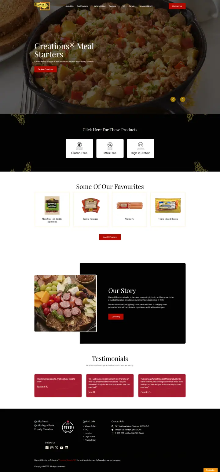A webpage showcasing food products. The top section displays a dish of mixed vegetables and grains labeled "Creations Meal Starters." Below are icons for gluten-free, microwaveable, and high-protein products, favorites, and a story and testimonial section. - Clio Websites | Top Canadian Web Design Company