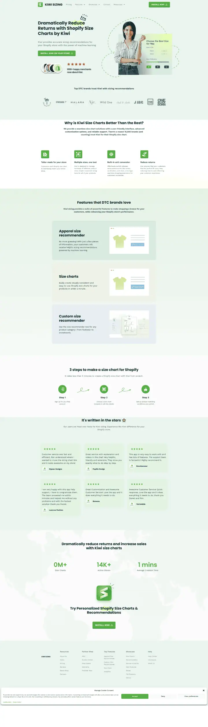 Website homepage for an AI size chart creator app on Shopify. Includes testimonials, app benefits like personalization, and a step-by-step guide on using the app. Contact and social media links are also displayed. - Clio Websites | Top Canadian Web Design Company