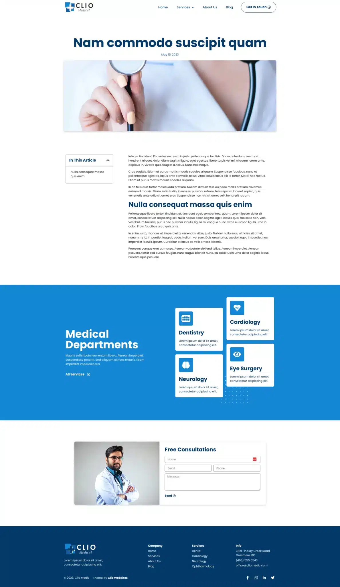 The screenshot showcases a medical website with a Medical Clinic Theme, featuring a doctor holding a pen. It includes sections for articles, medical departments like dentistry and cardiology, and offers a form for free consultations. The clean layout boasts a calming blue and white color scheme. - Clio Websites | Top Canadian Web Design Company