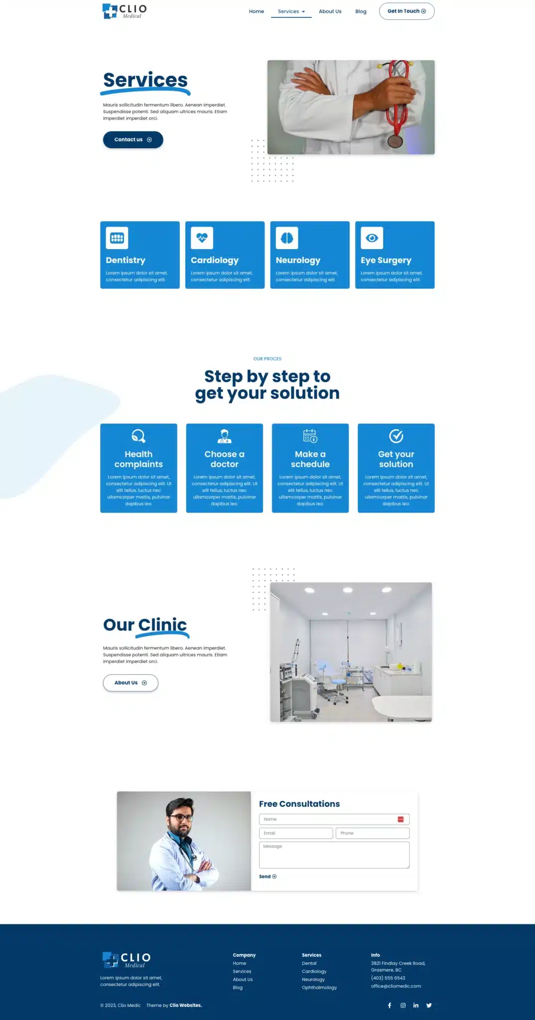 Screenshot of a medical website with a Medical Clinic Theme, showcasing services like dentistry, cardiology, neurology, and eye surgery. Sections detail steps to find solutions, clinic information, consultation booking, and a footer with contact details. - Clio Websites | Top Canadian Web Design Company