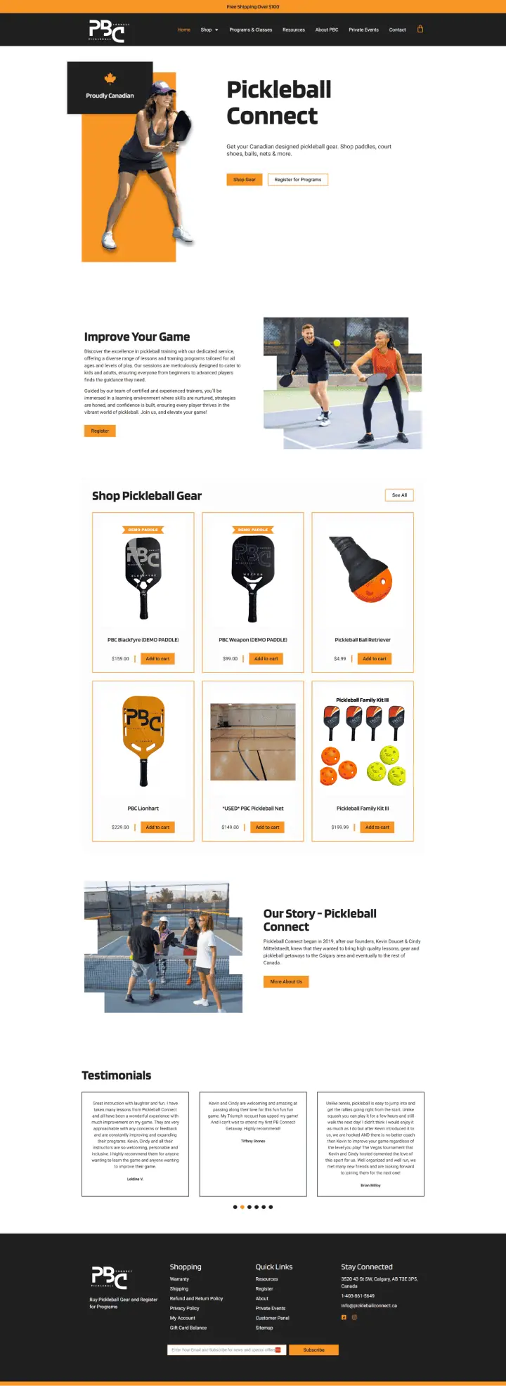 Screenshot of a website called "Pickleball Connect" featuring a header image of people playing pickleball. It includes sections for improving skills, shopping gear, a story about the community, and testimonials. The layout is clean with orange accents. - Clio Websites | Top Canadian Web Design Company