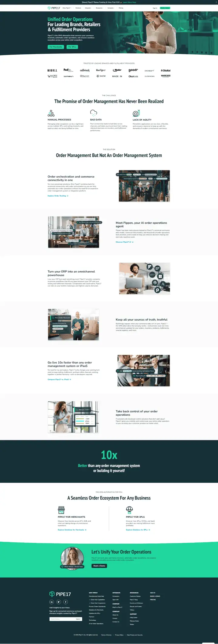 Screenshot of a business website featuring order management solutions. Includes text about the benefits of a unified system, customer testimonials, and company logos. The layout is clean and modern with sections detailing features and client feedback. - Clio Websites | Top Canadian Web Design Company