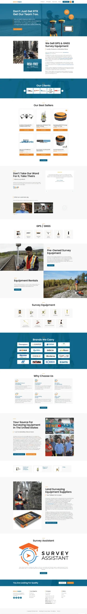 A long webpage featuring a survey equipment company. The layout includes multiple sections with text, images of equipment, customer reviews, a contact form, and company information. The design uses blue and white colors with orange accents. - Clio Websites | Top Canadian Web Design Company