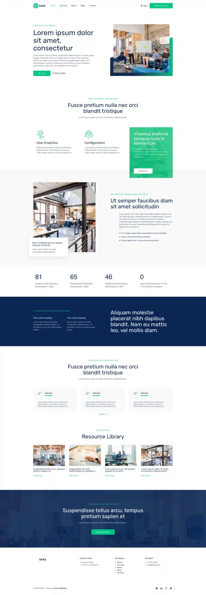A modern SaaS theme website layout featuring a clean design with a white and teal color scheme. It includes sections with text, images of office spaces, statistics, and a resource library. Header and footer navigation links are prominently visible. - Clio Websites | Top Canadian Web Design Company