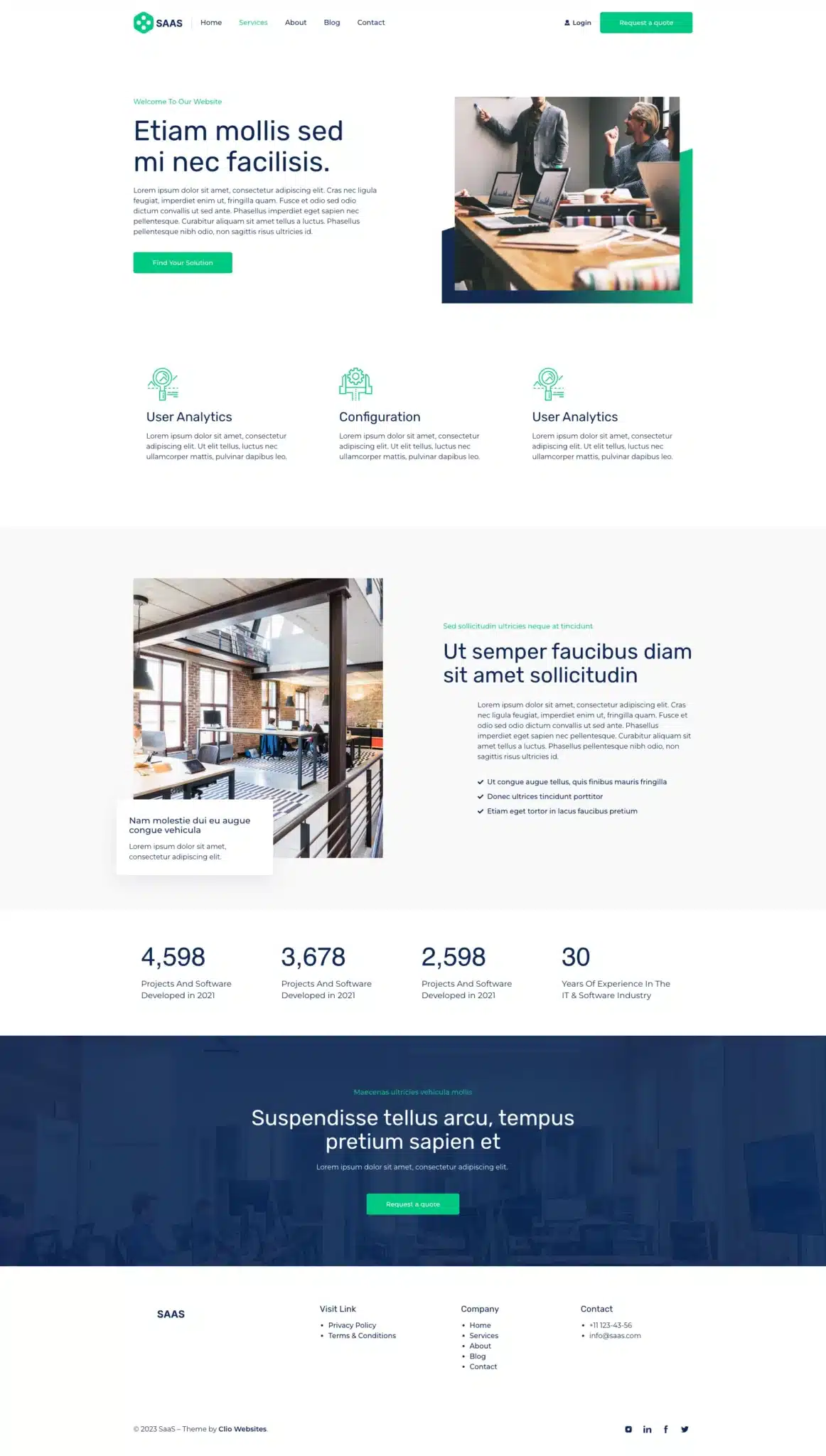 A modern website template for a SaaS business, compatible with Free Elementor Themes. The homepage features a navigation bar, a header with text and an image, sections for user analytics, configuration, and testimonials, followed by statistics and a footer with contact information. - Clio Websites | Top Canadian Web Design Company