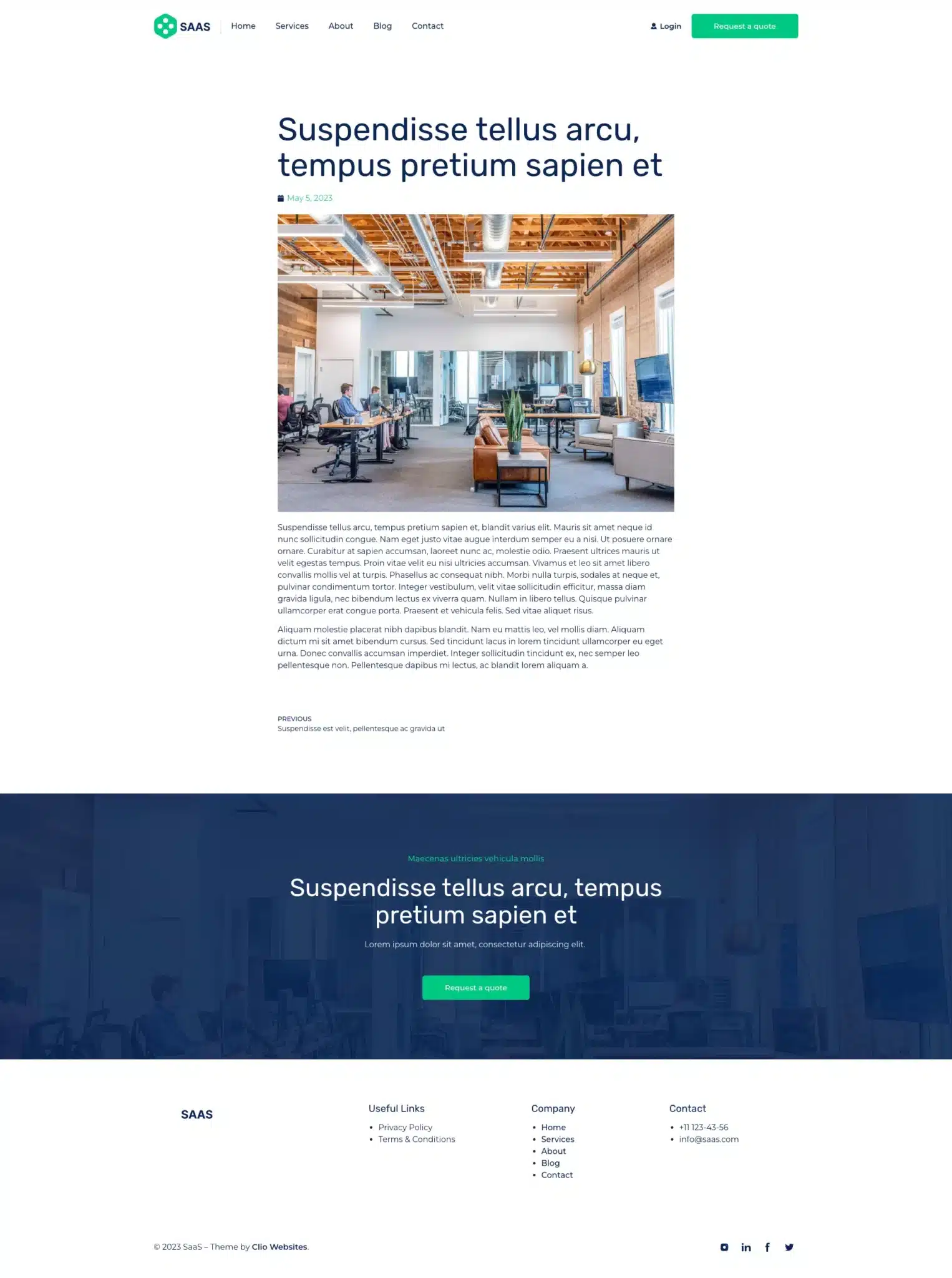 Screenshot of a SaaS website landing page featuring a sleek header, navigation links, and a large image highlighting an office space with the latest SaaS theme. The placeholder text for a blog post complements the design, while the footer offers links to services, company details, and contact information. - Clio Websites | Top Canadian Web Design Company