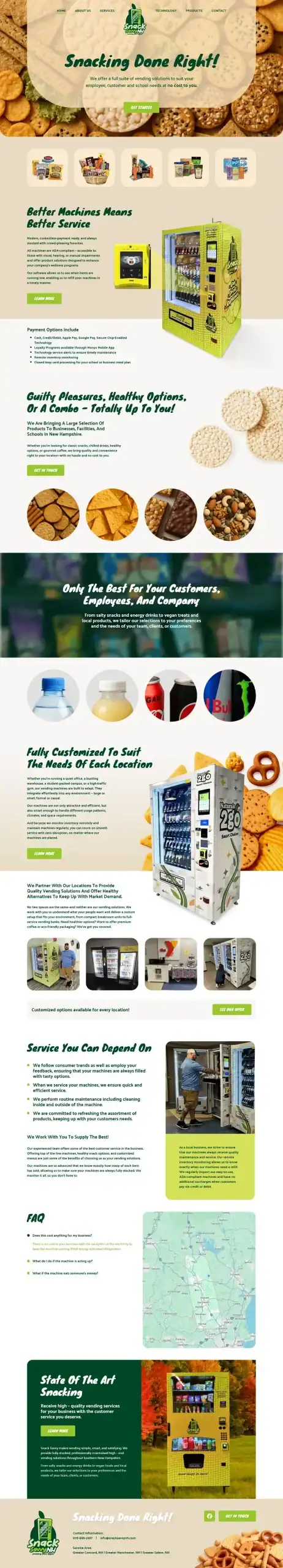 A website page features healthy snack vending machines, images of snacks, product details, vending options, FAQs, and a map. Green and tan colors dominate, with snack and machine photos throughout and contact info at the bottom. - Clio Websites | Top Canadian Web Design Company