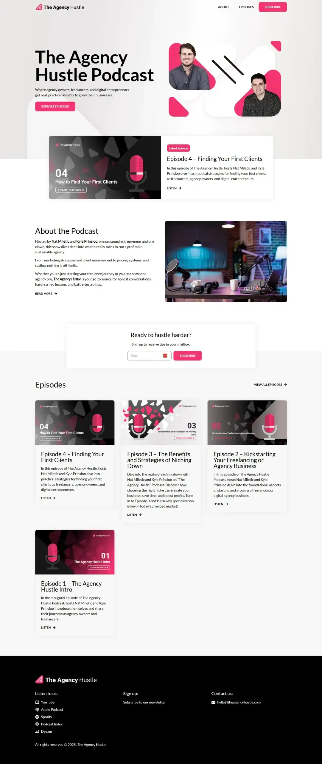 Screenshot of The Agency Hustle Podcast website featuring show hosts, episode listings with descriptions, a brief about section, and call-to-action buttons on a modern white and pink-themed layout. - Clio Websites | Top Canadian Web Design Company