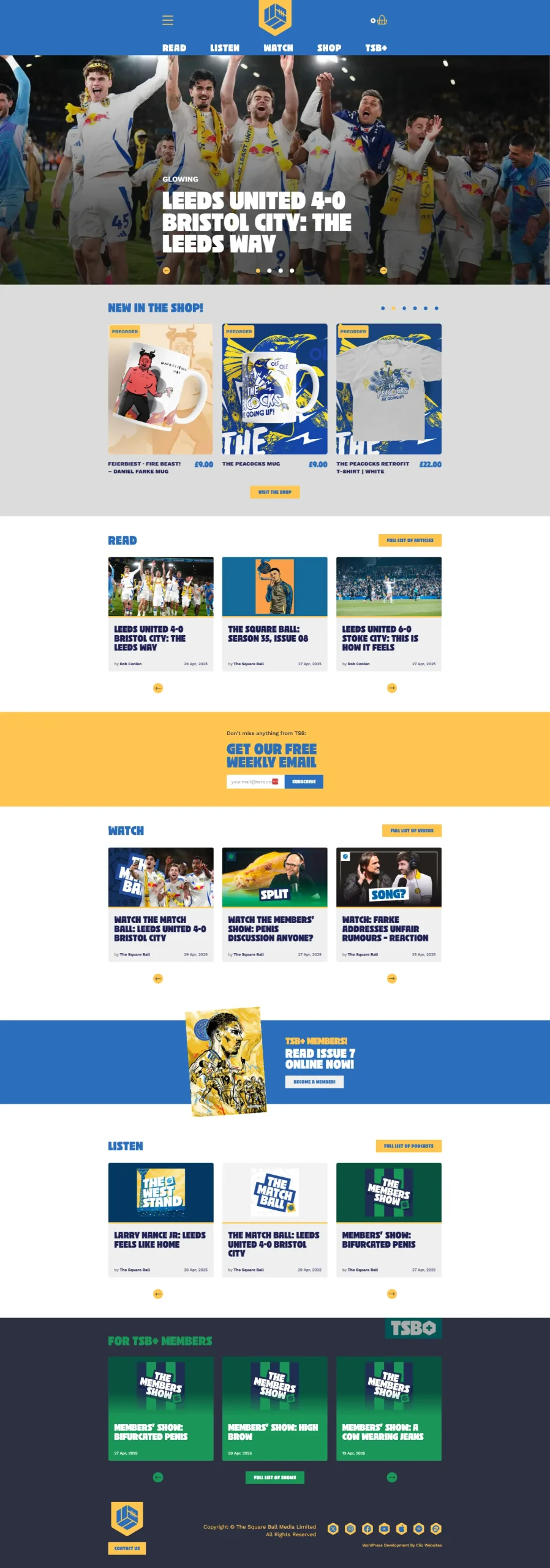 Website homepage featuring a magazine cover, merchandise images, articles, and video thumbnails. The layout includes sections for reading, watching, and listening content. The design uses a blue, white, and yellow color scheme. - Clio Websites | Top Canadian Web Design Company