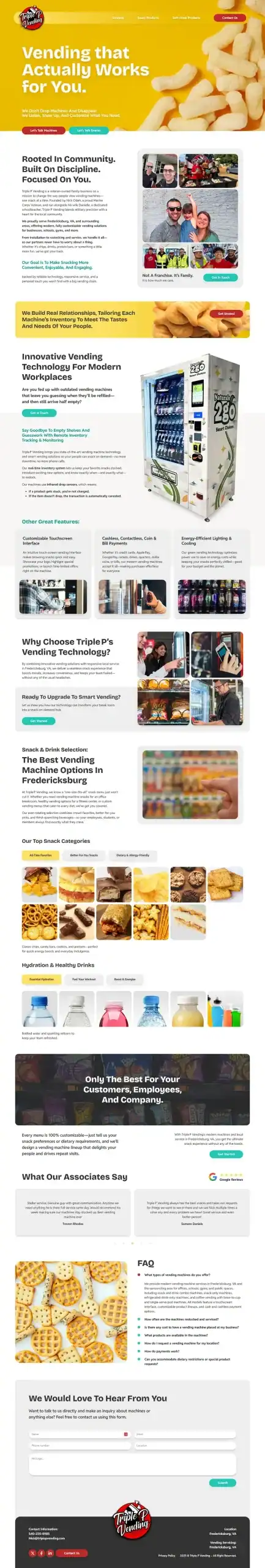 Screenshot of a website promoting French fry vending machines. It features images of fries, the vending machine, various foods, testimonials, FAQs, an inquiry form, and sections about partnerships, safety, and machine features. - Clio Websites | Top Canadian Web Design Company
