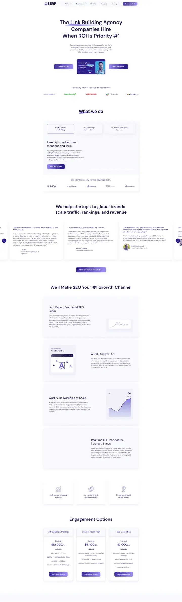 Screenshot of a webpage for a link-building agency. It features sections on services, client logos, testimonials, and engagement options. There's a central emphasis on ROI-focused strategies and SEO as a growth channel, with charts and package details displayed. - 极速168体彩赛车号码历史结果预测-一分钟查询全历史记录查询-极速汽车168官网记录