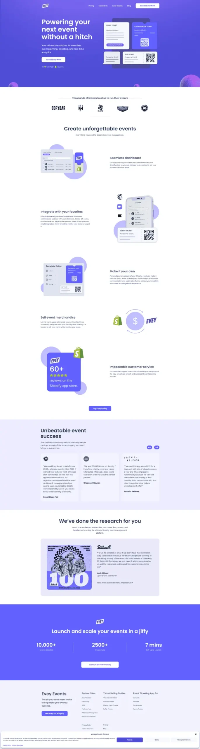 Webpage for "Evy," a platform for creating and managing events. The page highlights features like QR code tickets, payment collection, and various integrations. Graphics display event details and statistics in a modern, purple-themed design. - Clio Websites | Top Canadian Web Design Company